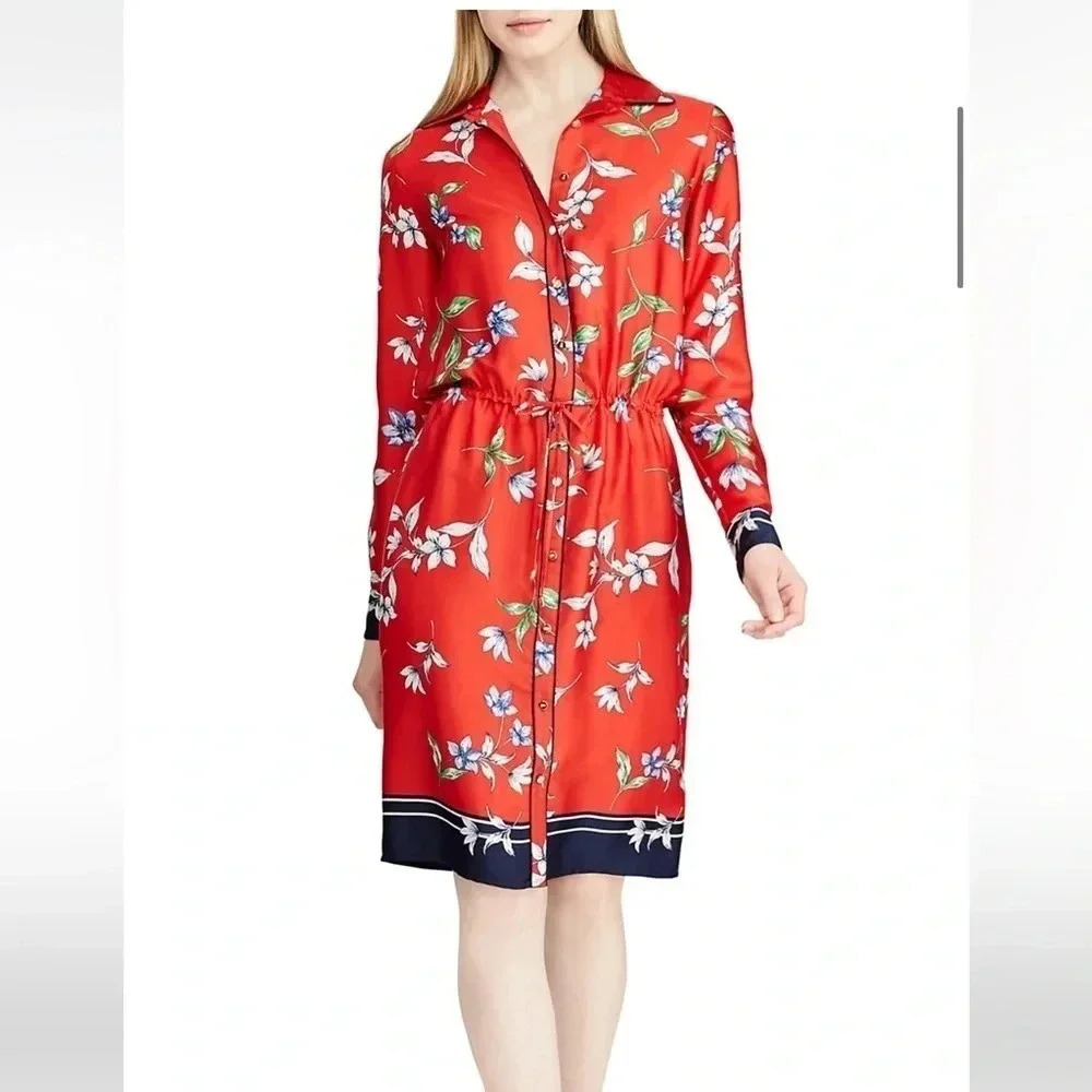 Lauren Ralph Lauren Paza Red Floral Print Twill Dress Size 10